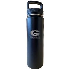 a black stainless steel water bottle with the g logo on it