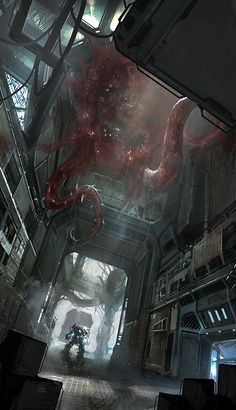 the interior of a sci - fi building with large red tentacles