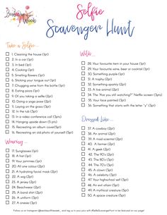 the selfie scavenger hunt is shown in this printable check - out