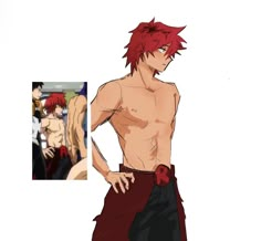 an anime character with red hair and no shirt