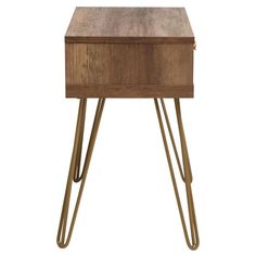 a wooden table with two legs and a drawer on the top that has an open drawer