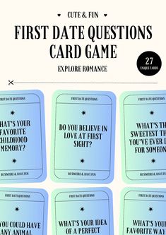 the first date questions card game is shown in four different colors and font, which are blue