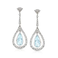 Ross-Simons - C. 1990 Vintage 8.00ct t. w. Aquamarine, 1.25ct t. w. Diamond Drop Earrings. C. 1990. Before you is the epitome of elegance! In this Estate collection pair of earrings, open teardrops are lined with 1.25 ct. t. w. round brilliant-cut diamonds, which also dot the rich platinum posts. Pear-shaped aquamarines, 8.00 ct. t. w., seemingly float inside the luxe drops for a truly mesmerizing effect. Hanging length is 1 7/8". Post/clutch, diamond and aquamarine drop earrings. Exclusive, one-of-a-kind Estate Jewelry. Aquamarine birthstones are the perfect gift for March birthdays. Jewelry Aquamarine, March Birthdays, Opal Jewelry Earrings, Australian Opal Jewelry, Italian Gold Jewelry, Diamond Anklet, Mixed Metal Bracelets, Aquamarine Birthstone, Tiffany Earrings