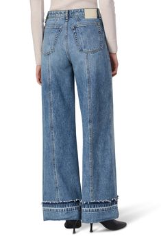 Featuring a wide-leg silhouette, these nonstretch jeans are fashioned with front patch pockets and end in raw-edge cuffs. 32" inseam; 26" leg opening; 12 1/2" front rise; 15 1/2" back rise (size 29) Zip fly with button closure Front patch pockets; back patch pockets 100% cotton Machine wash, line dry Imported Luxury Wide Leg Cargo Jeans With Patch Pockets, How To Widen Jeans Leg, Cotton Wide-leg Jeans With Patch Pockets, Faded Wide-leg Bottoms With Frayed Hem, Patched Detail Flap Pocket Wide Leg Jeans, Mid-rise Denim Wide Leg Pants With Frayed Hem, Jeans Refashion, American Workwear, High Rise Wide Leg Jeans