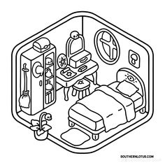 a black and white line drawing of a hospital room