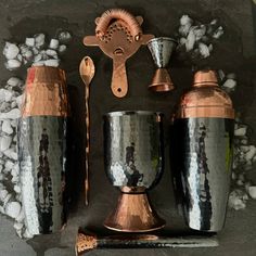 Mexican Handmade Copper 7-Piece Barware & Bar Tools Set- Black Nickel Set CoLores Decor l Mexican Artisan Decor Indoor Bar Decor, Mixology Bar, Hey Bartender, Mezcal Cocktails, Artisan Decor, Copper Work, Bar Tool Set, Copper Bar, Apt Ideas