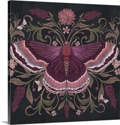 a painting of a purple butterfly on a black background with flowers and vines around it