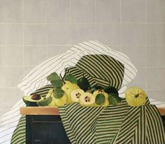 a painting of apples and bananas on a table with a striped cloth over it, in front of a white brick wall