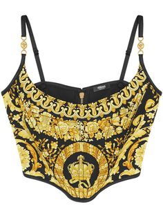 black/gold-tone satin finish signature Barocco print corset style Medusa plaque detail boned bodice scoop neck rear zip fastening adjustable spaghetti straps asymmetric hem Versace Two Piece Set, Versace Clothes Women, Versace Outfit Women, Versace Corset, Versace Prints, Versace Aesthetic, Versace Clothes, Prada Outfits, Corset Top Black