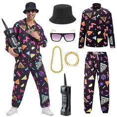 PRICES MAY VARY. Package Includes: Get ready to party with our 80s outfit for men, package includes 1X Jacket, 1X Sweatpant, 1X Hat, 1X Glasses, 1X Gold necklace, 1X Gold bracelet, 1X Inflatable mobile phone, Adequate accessories can meet your different needs. Very complete clothing set to make you stand out from the crowd. 【Comfortable Quality Polyester】- The mens retro tracksuit is made of high quality soft polyester material, very lightweight, soft and skin-friendly, add breathable mesh linin 80s Neon Outfit, 80s Outfit For Men, 80s Tracksuit, Retro Tracksuit, 90s Themed Outfits, 80s Windbreaker, Costume For Men, 90s Costume, Outfit For Men