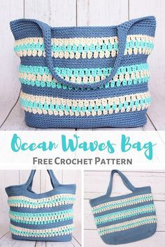 the ocean waves bag is crocheted with blue and white yarn