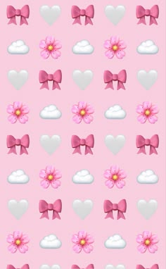 pink and white hearts with bows, clouds and flowers in the middle on a pink background