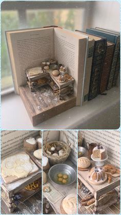 an open book sitting on top of a table filled with bread and other food items