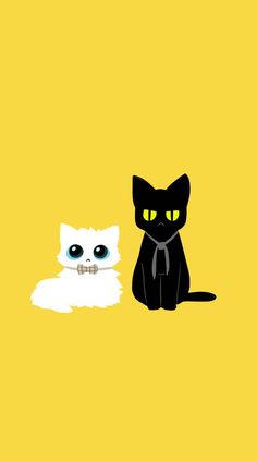 two cats sitting next to each other on a yellow background