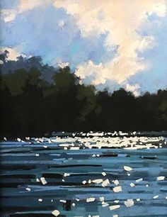 an oil painting of water with clouds and trees in the background