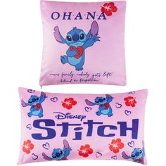 two pillows with stitch characters on them, one is pink and the other is blue