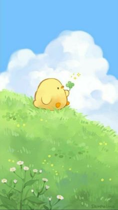 a cartoon character laying on top of a lush green hill next to a cloud filled sky