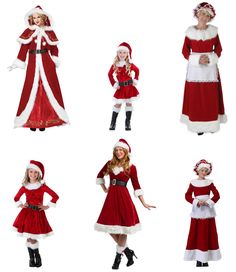 six different styles of santa claus costumes for girls and boys, all in red with white trimmings