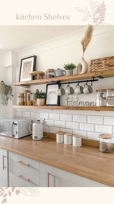 the kitchen shelves are filled with pots, pans and coffee mugs on them