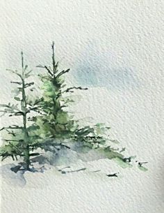 a watercolor painting of two trees in the snow