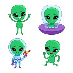 an alien character with four different poses and expressions, including one holding a toy in his hand