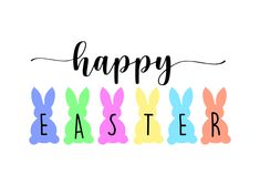 the words happy easter are painted in different colors and font styles on a white background