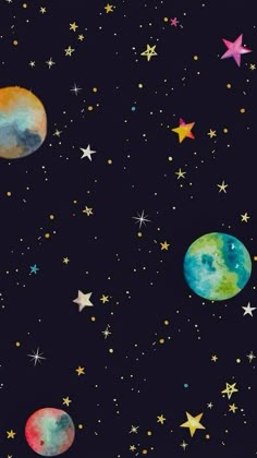 stars and planets in the night sky with blue, pink, yellow and green colors