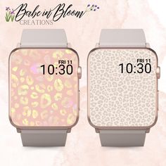 two watches with different designs on them, one is pink and the other is white