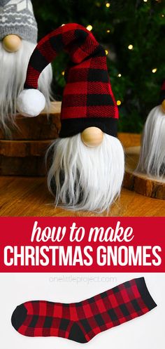 how to make christmas gnomes out of yarn and wood with text overlay that reads, how to make christmas gnomes