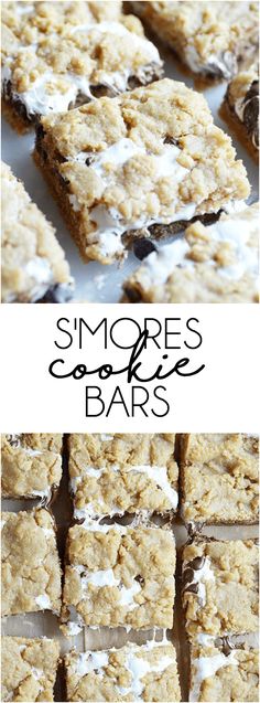 some cookies and bars are stacked on top of each other with the words smore's cookie bars above them