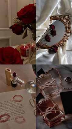 a collage of photos with lipstick, perfumes and roses on the table in front of them