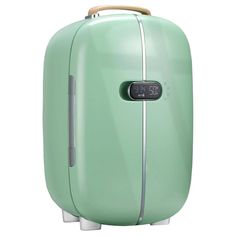 a light green suitcase with a wooden handle and an air vent on the front side