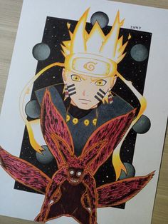 a drawing of naruto with fire coming out of his head and hands behind him