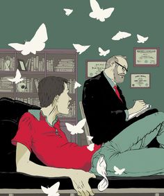 two people sitting on a couch in front of a bookcase with butterflies flying around them