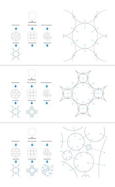 four diagrams showing the different ways to draw an origami flower with blue dots