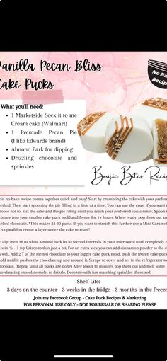 the menu for vanilla pecan bliss cake packs is shown on an iphone screen, with information about it