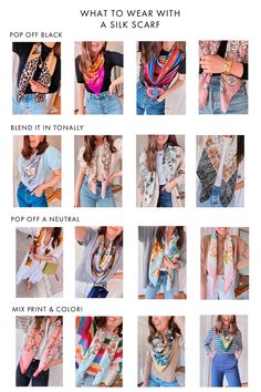 What to wear with silk scarves infograph Silk Scarf Styling, Scarf Styling, Silk Scarf Style, Spring Style, Silk Scarves, Vintage Silk