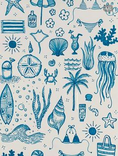 a blue and white drawing of various things on the beach, including an umbrella, starfish