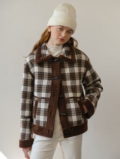 Editor's NotesSoft and structured, this cozy coat features wide collar detail and has casual plaid pattern throughout. It is accentuated with furry edges and leather-like trimming throughout. - Natural, relaxed silhouette- Plaid pattern for casual mood- Trendy toggle button detail- Side slit pockets- Versatile styling and easy layeringMeasurements(in.)Size One Size(XS-M)- Length: 23.23 in - Bust: 44.09 in - Shoulder: 21.26 in - Sleeve: 21.65 in * Model info: Height 5' 6C Plaid Winter Coat, Straight Cut Pants, Cozy Coats, Winter Plaid, Toggle Button, Duffle Coat, Short Coat, Fashion Sale, Cut Shirts