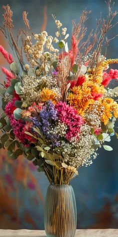 a vase filled with lots of colorful flowers on top of a wooden table next to a blue wall