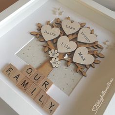 a scrabbled family tree in a shadow box with the words'our family'spelled on it