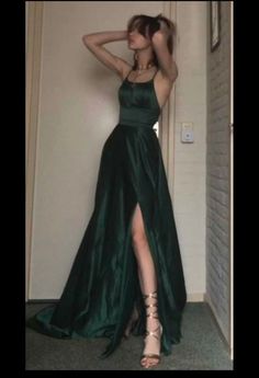 Halter Party Dress, Long Prom Gowns, Green Prom Dress, Grad Dresses, Satin Gown, Green Satin, Prom Gown, Fancy Dresses, Pretty Dresses