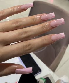 Nail Inspo French Tip Color, Simple Acrylic Nails Coffin With Gems, Cute Simple French Nails, Pink Square Acrylic Nails Designs, Square Nails Pink Design, Soft Pink French Tip Nails Short, Light Pink Prom Nails Acrylic, Simple Pink Acrylic Nails, Pink Acrylic Nails Square