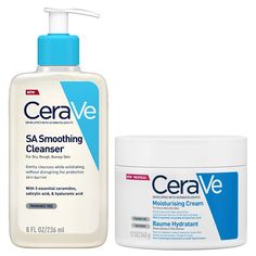 Cleanse and hydrate with the CeraVe Soften and Smooth Bundle, to reveal a softer, more balanced complexion. Featuring a cleanser and moisturiser, this skincare duo is formulated with science and dermatology in mind, to deliver gentle yet effective results.  Set Contents:  CeraVe Smoothing Cleanser 236ml  Retexturise dry, bumpy, rough skin with this hydrating cleanser that swiftly removes oil, dirt and makeup while replenishing and reinforcing skin’s natural barrier with Hyaluronic Acid, a powerful ingredient that binds moisture to skin for long-lasting hydration.  A 0.5% concentration of Salicylic acid allows the cleansing formula to perform a chemical exfoliation, gently dissolving dead skin and pore-clogging impurities to reveal a smoothed surface, without disrupting skin’s microbiome. Chemical Exfoliation, Smokey Eye For Brown Eyes, Bumpy Skin, Hydrating Cleanser, Natural Moisturizer, Skin Care Gifts, Moisturizing Cream, Facial Wash, Xanthan Gum