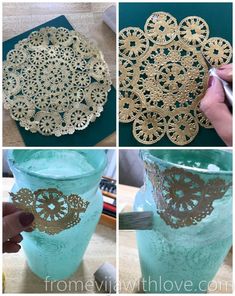 four pictures showing how to make lace doily on glass vases with gold paint