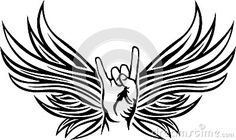 a black and white drawing of an angel's wing with two fingers in the air