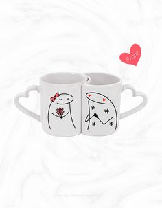 two coffee mugs with the same drawing on them, one has a red heart