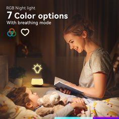 a woman reading a book to a child in bed with the text, 7 color options with breathing mode