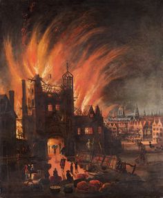 an oil painting of a fire burning in a city