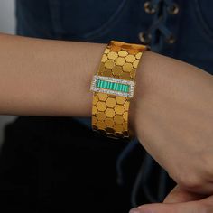 VINTAGE PALACE STYLE DIAMOND INLAID HONEYCOMB DESIGN BRACELET – MANDUORAN Vintage Palace, Green Bracelet, Design Bracelet, Bangle Ring, Honeycomb Design, Black Bracelet, Stainless Steel Bangles, Black Bracelets, Just Because Gifts